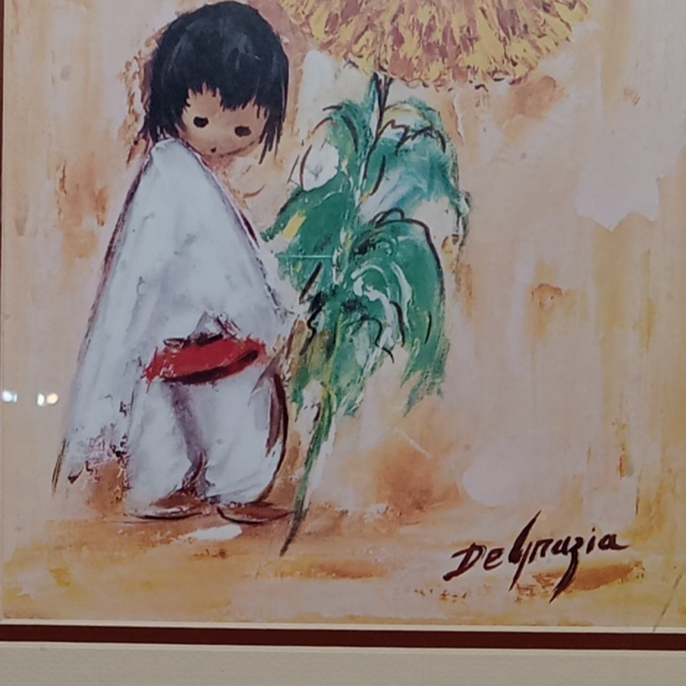 De Grazia Boy & Sunflower Art Print in Brown Frame 19x15 Vintage 1975 SW Decor - Picture 2 of 5